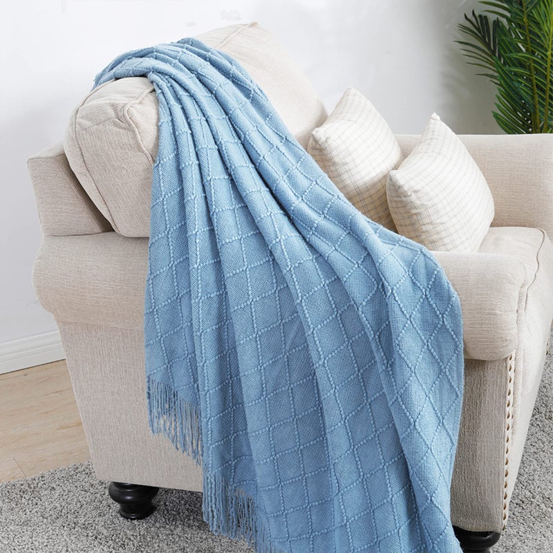BOURINA Blue Throw Blanket 50x60 Inches Throw Textured Solid Soft Sofa Couch Decorative Knit Blanket - Image 3